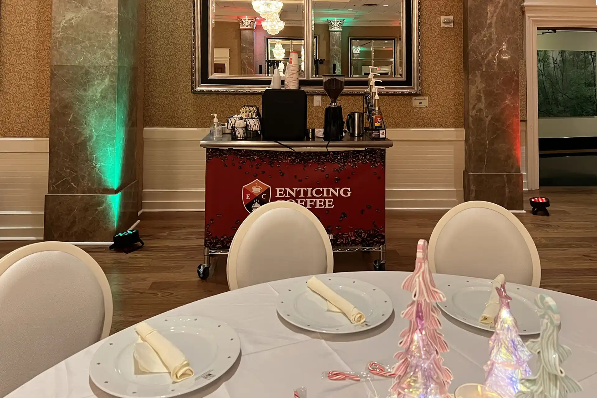 Gourmet mobile coffee cart rental setup for a South Florida wedding reception
